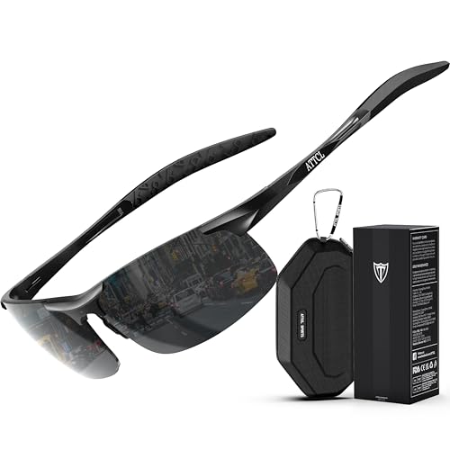 ATTCL Polarized Sunglasses for Men Sports: UV Protection Anti Glare Wrap Around Lightweight Metal Sun Glasses Driving Fishing Golf Running 8177 black-gray