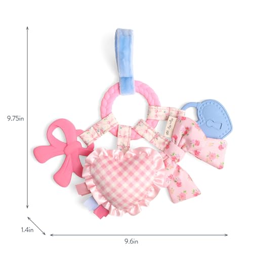 Image of Itzy Ritzy Teething Activity Toy - Bitzy Busy Ring Infant Teething Toy Features Braided Teether & Dangling Toys, Includes Textured Ribbons, Crinkle Sound & Jingle Bell - 0 Months & Up (Pink Bow)