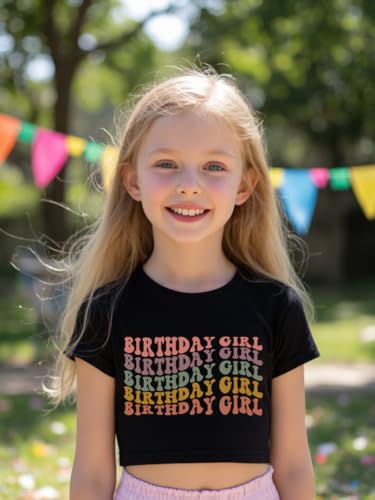 Image of Little Girls Short Sleeve Crop Top Birthday Tshirts Cute Prints for Teen Girls Summer T-Shirt 6-14Years