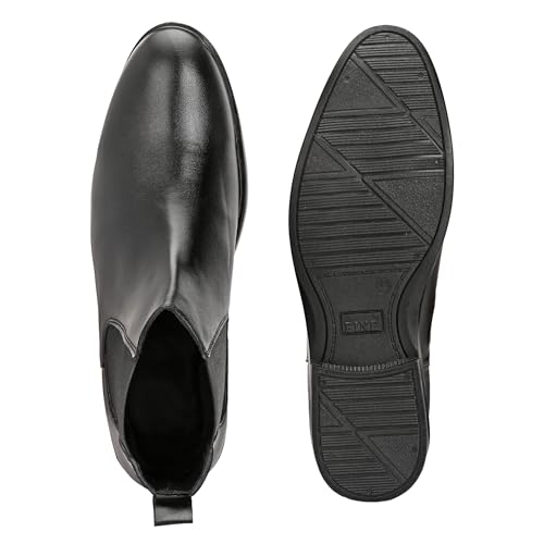 Image of Men's Chelsea Boots, Black Leather, Elastic Side Panel, Pull-On Style, Low Heel