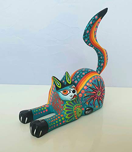 Mexican Alebrije Cat Wood Carving Handcrafted Sculpture (Turquoise) #TOP5