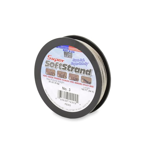 Image of Super Softstrand Picture Hanging Wire #3 for Frames, Mirrors & Wall Art, Vinyl Coated Stainless Steel Wire, 20 lb Capacity, 50 lb Break Strength, 180 Ft