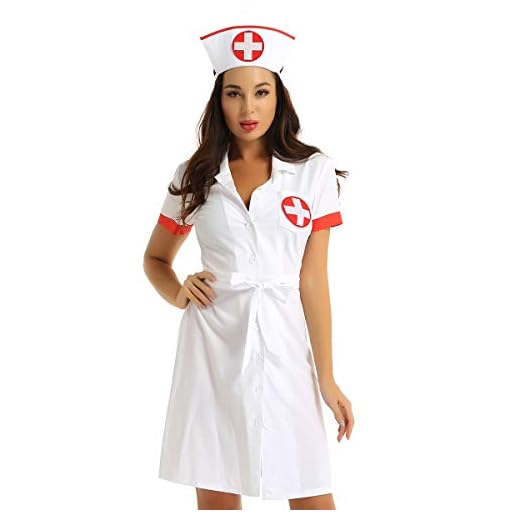inhzoy Disfraz de Enfermera Sexy para Mujer Bata Médico Cosplay Uniforme de Doctora Vestido de Enfermera Manga Corta Dress Up Halloween Fiesta Blanco XL