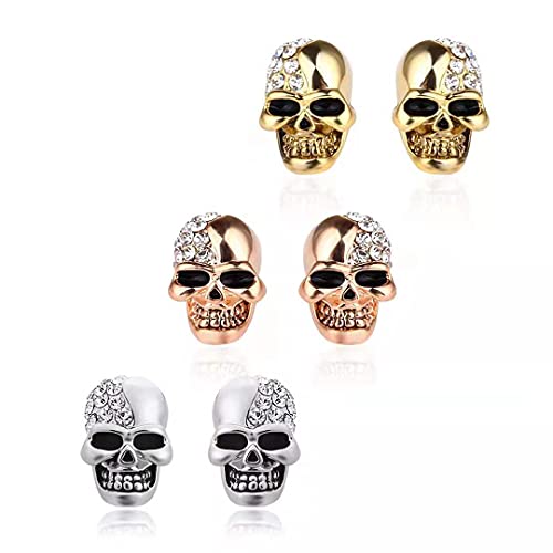 3 Pairs Punk Skull Studs Earrings with Crystal Eye, Gothic Skeleton Head Earring for Men Women at Hallloween Party Cosplay 3 Pairs Punk Skull Studs Earrings with Crystal Eye, Gothic Skeleton Head Earring for Men Women at Hallloween Party Cosplay