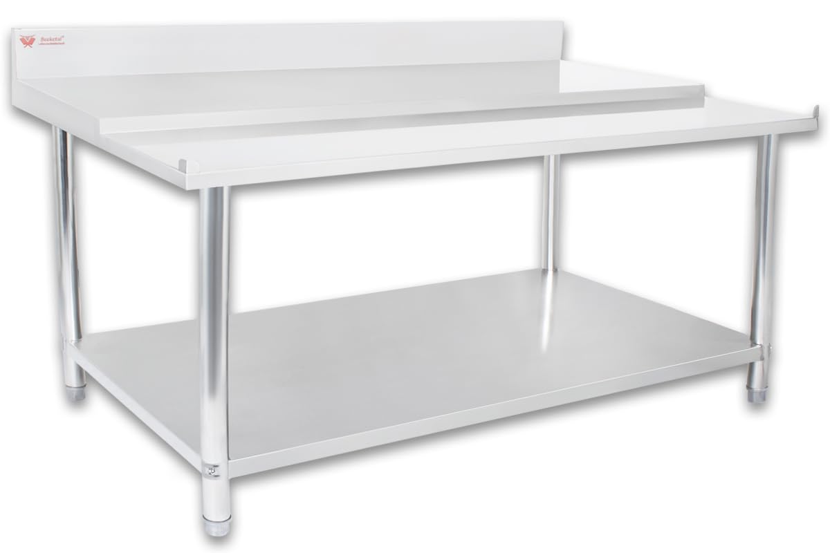 Beeketal BAZ200a Edelstahl Arbeitstisch 200x80 Cm – Mit PE Schneidbrett, Aufkantung & 170 Kg Tragkraft