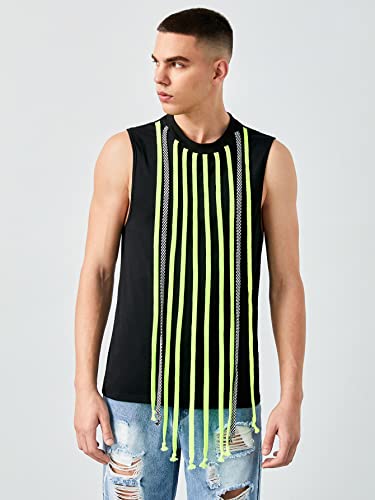 Wdirara Men's Drawstring Tassel Cut Out Round Neck Tank Top Sleeveless Tops Party Shirt Black Xl #TOP4