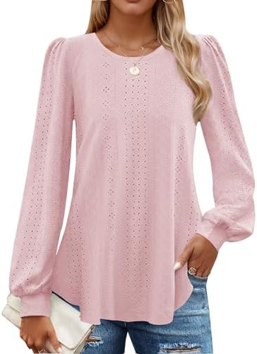 Long Sleeve Eyelet Tops for Women 2025 Spring Fall Crew Neck Shirts Casual Loose Blouse Trend Outfits Clothes