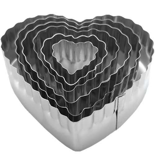 Heart Shaped Double Cut-Outs Cookie Cutter Set of 6 pcs, Stainless Steel Crinkly and Straight Edge Double Sides Fondant Cutters