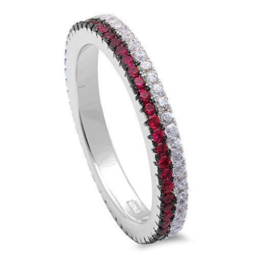 Blue Apple Co. 3mm Full Eternity Stackable Thin Red Line Simulated Ruby Round Cubic Zirconia Solid 925 Sterling Silver 4-11