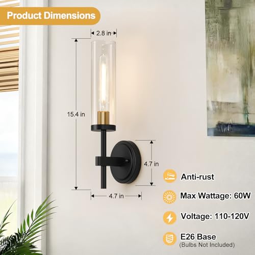 Image of MOKATNG Hardwired Wall Sconces, Black and Gold Bathroom Sconces with Clear Glass, Modern Wall Light Fixtures for Bathroom Mirror Vanity, Living Room, Bedroom, Hallway, Stairway, Cabinet, Foyer
