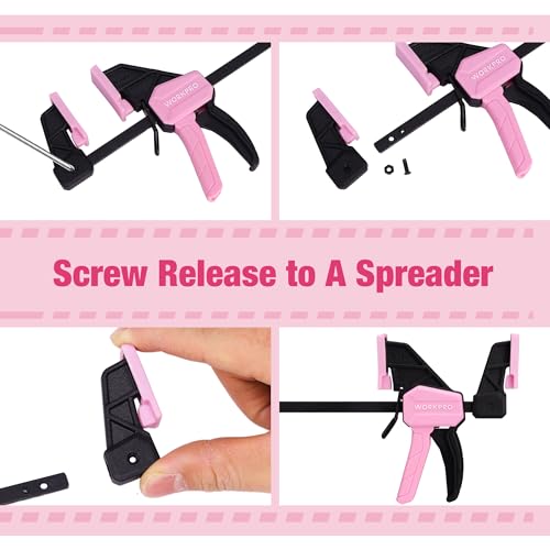 Image of WORKPRO 6 inch Mini Bar Clamps for Woodworking, 2-Pack One-Handed Clamp /Spreader, Light-Duty Screw-Change F Clamp with 50lbs Load Limit, Pink Ribbon