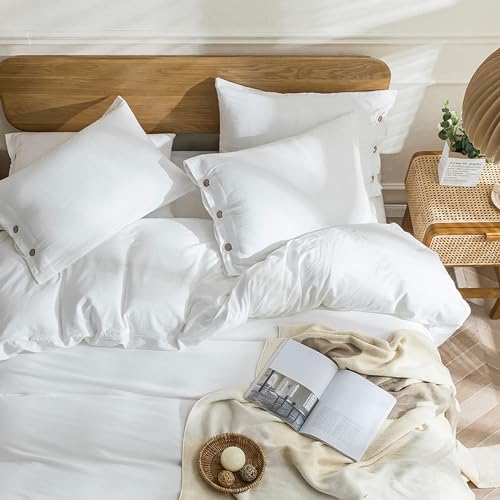 Image of JELLYMONI Cotton Duvet Cover Cal King Size - Bright White Comforter Cover with Button 100% Washed Cotton 3PCS Breathable Soft Solid Bedding Set Duvet Cover 104x98in & 2 Pillowcases (NO Comforter)
