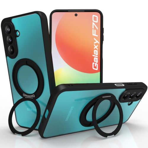 Image of RIGGEAR Shockproof Sleek Hybrid Armor 360 Rotating Magnetic Ring Stand Back Cover Case Compatible with MagSafe Accessories for Samsung Galaxy F70 Pro 5G (Clear PC + Black TPU Bumper)