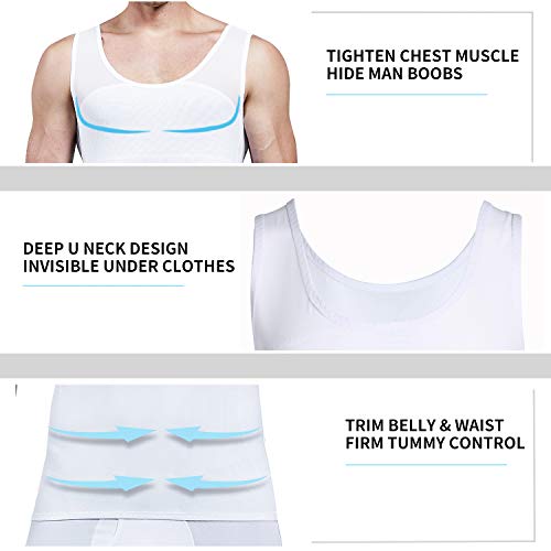 Miss Moly Compression Shirts For Men To Hide Gynecomastia Moobs Slimming Body Shaper Vest Abs Tank Top Undershirt,White L #TOP1