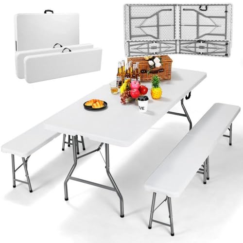 YOEVU Mesa Plegable con 2 Bancos, Conjunto Picnic 180 cm, Set Portátil Tipo Maleta, Estructura de Acero Resistente hasta 240 kg, para Camping, Jardín, Terraza y Eventos