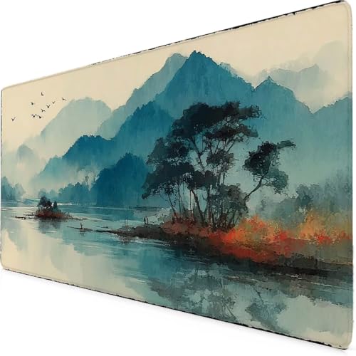 Tapis de souris XXL peinture de paysage 60x30 cm bleu antidérapant