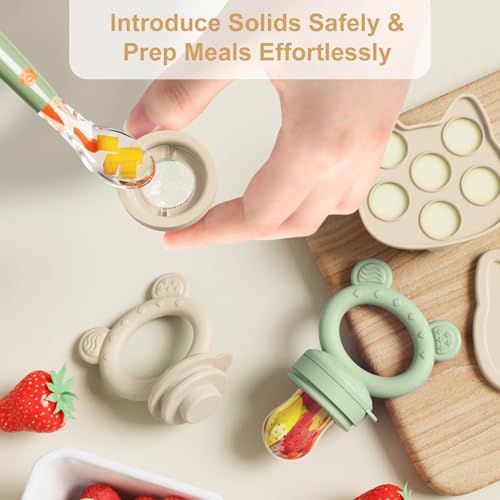Image of Baby Breastmilk Popsicle Molds & Baby Fruit Feeder (4 Pack), Infant Food Freezer Tray Storage Containers, Silicone Teething Pacifier Feeder and Teether for Babies,Boys and Girls-Beige&Green