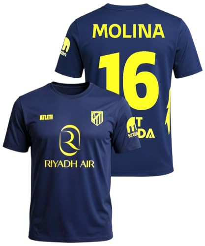 Atletico de Madrid - Camiseta Segunda Equipación 2025 2026 | Molina Nº16 | Azul Marino con Amarillo | Versión Oficial para Aficionados (FR/ES, Letras, M, Regular, Regular)
