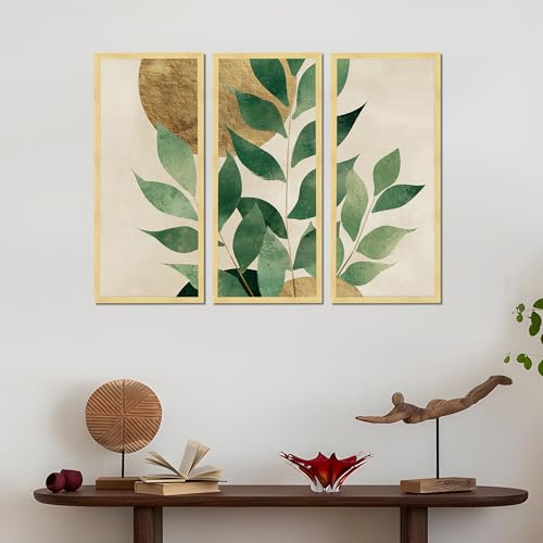 Image of PAINTINGMANTRA Botanical Leaf Framed Wall Art Set of 3 | Modern Nature-Inspired Boho Wall Decor | Engineered Wood Frame Art for Living Room, Bedroom & Office, 8.9x18.9 Inch