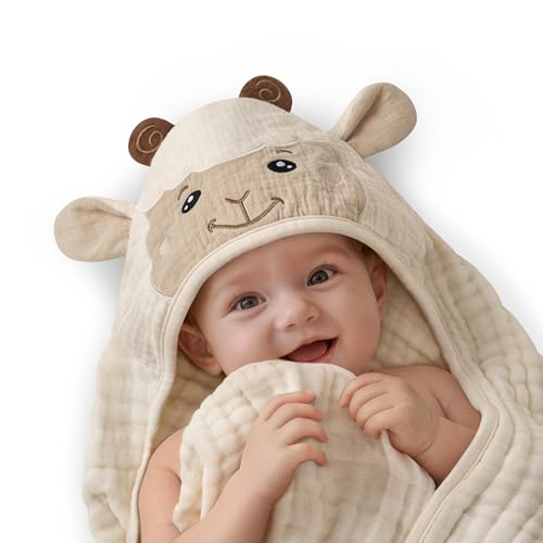 Image of Blissful Diary Muslin Baby Hooded Towel 1 Pack, Soft & Absorbent Bath Towel for Infant, Toddler, Unisex, Baby Gift, Newborn Essentials, Gentle Lamb