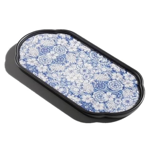 Bandeja decorativa, bandeja de servir té pequeña, bandejas ovaladas de cerámica hidroabsorbente, diseño retro con motivo floral azul, para posavasos, té, café, tarta, 26,5 x 12 x 1,5 cm