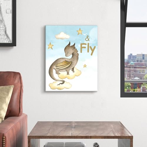 Image of CHDITB Little Dragon Wall Art, Spread Your Wings Framed Canvas Wall Art Set, Fantasy Dragon Decor, Magical Castle Painting, Inspiring Quote Art Prints For Kids Room Nursery Decor(12X16 Inch)