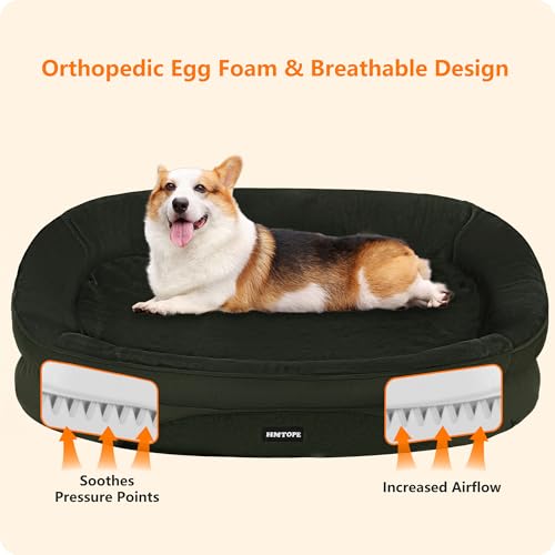HMTOPE Orthopädisches Hundebett, Hundesofa, Vierseitiges Nackenrolle Kissen, rutschfeste Unterseite Hundekorb, Abnehmbar und Waschbar, Kleine Hunde, Mittelgroße Hunde, 90 x 71 x 15 cm, Olivgrün