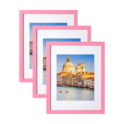 wyooxoo 11x14 Picture Frame Pink Solid Wood Photo Frames Display Pictures 8x10 with Mat or 11x14 Without Mat Colorful Frame For Tabletop Display or Wall, Set of 3