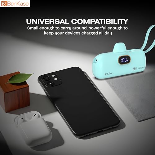 Image of BonKaso 5000mAh Mini Power Bank with Built in Cable, 22.5W PD Fast Charging Pocket Portable Charger, USB Type C Input and Output, Digital LED Display for iPhone and Android, Green