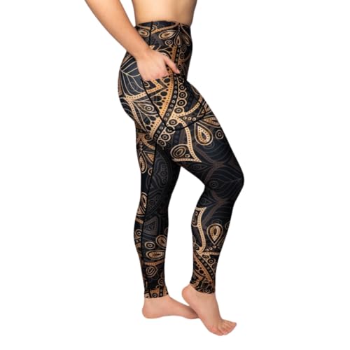 Maya Freya Golden Mandala Leggings – Hohe Taille Blickdicht rutschfest mit Handytaschen – Bequem und stilvoll für den Alltag