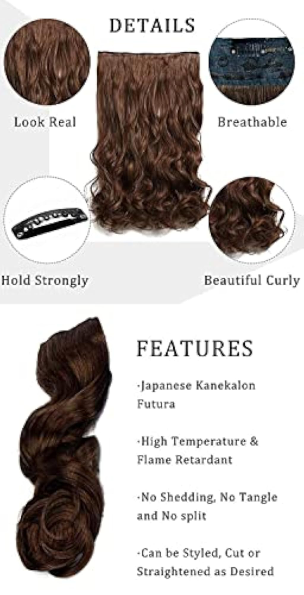 Women's Natural Brown Curly/Wavy Hair Extensions, 5 Clips