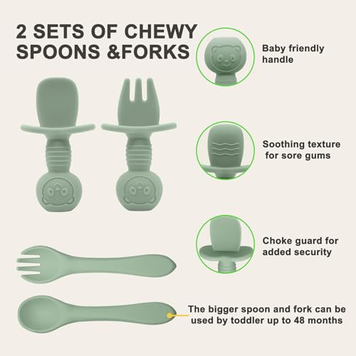 Munlinder Silicone Baby Feeding Set | Baby Led Weaning Supplies Includes Suction Bowls and Divided Plates, Adjustable Bib, Baby Utensils Spoons and Forks,Cup | Baby Feeding Essentials (Light Green) by Munlinder - Image 7