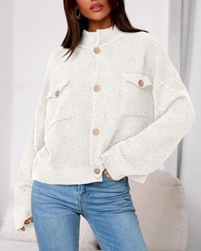 KIRUNDO Cardigans for Women Trendy Button Up Sweater Jackets Mock Neck Long Sleeve Loose Fit Chunky Knit Outwear Coats(White, Medium) — view 4
