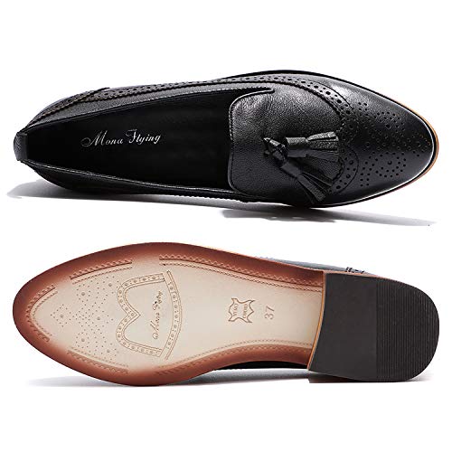 Image of Mona flying Women's Leather Tassel Loafers Slip on Brogue Flat Office Shoes