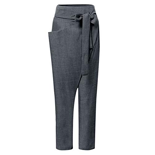 Women Pants High Waist with Tie One Side Large Pockets Solid Casual Comfort Loose Straight Leg Loose Fitting (Grey, L)3