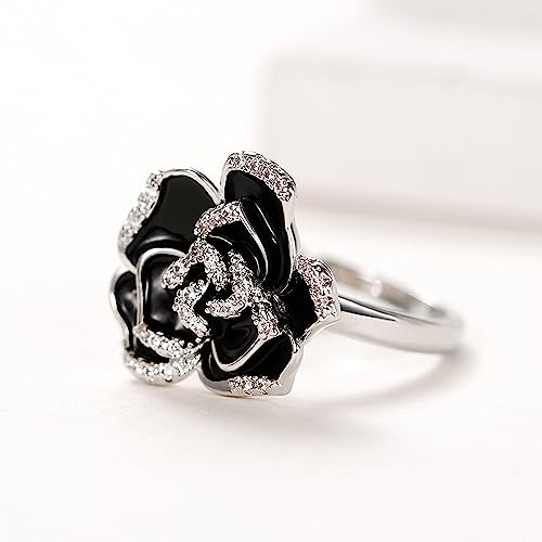 Black Enamel Rose Flower Cubic Zirconia Statement Rings for Women Girls Dainty Crystal Camellia Flowers Engagement Wedding Finger Ring Xmas Jewelry Girlfriend BFF2