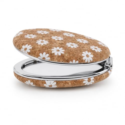 Image of Floral Cork Compact Mirror for Women | Portable Pocket Makeup Mirror with Dual Mirror | Travel Friendly Folding Vanity Mirror for Purse & Handbag