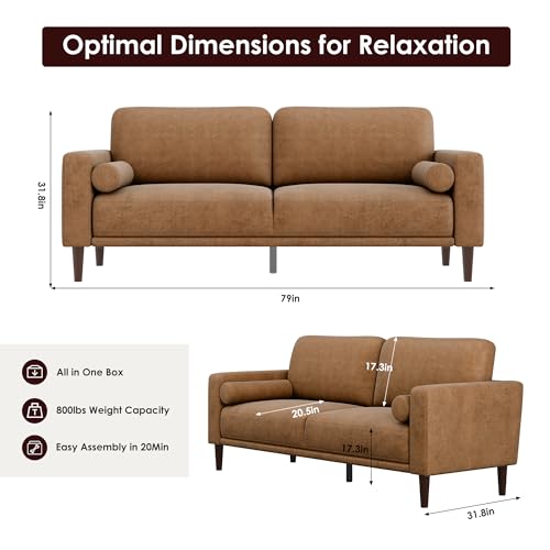 Image of HIFIT 79'' Mid Century Modern Faux Leather Couch Set for Living Room, Brown | 3 Seater Sofa Set, Deep Seat, Plush Cushion, Performance Pocket Spring, 2 Pillows, 800lb Capacity Home Sofa for Office, Brown