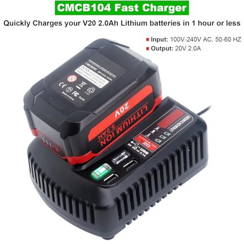 Image of V20 Battery Fast Charger CMCB104 Replacement for Craftsman V20 20V max Lithium Battery Charger for CMCB201 CMCB202 CMCB204 CMCB205 CMCB206, with 2 USB Ports