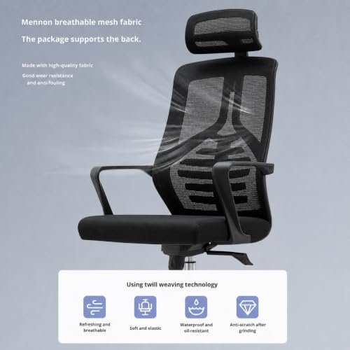 Image of Ergonomic High Back Mesh Office Chair with Headrest - Black Revolving Executive Desk Chair with Breathable Mesh Back, Fixed Armrest & Chrome Base for Home & Office