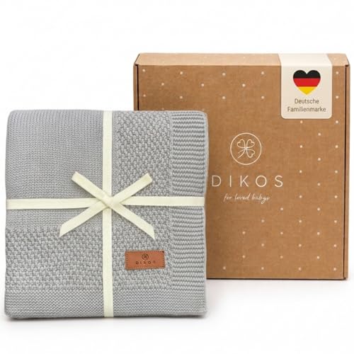 DIKOS Babydecke aus 100% Bio-Baumwolle – atmungsaktive Strickdecke für Neugeborene Jungen & Mädchen – weiche Baby Decke, Kuscheldecke & Kinderwagendecke (GOTS & Oeko-TEX) – Geschenk zur Geburt (Grau)