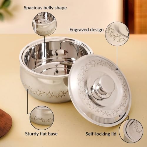 Image of Nestasia Stainless Steel Insulated Casserole with Lid (2000 ml) - 100% Food Safe Roti Server with Floral Pattern - Retains Heat & Freshness | Rust Resistant & BPA - Free Chapati Casserole
