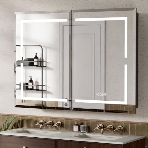 YUEPUIIHUI 36X30 Inch Lighted Medicine Cabinet, Recessed or Wall Mounted Bathroom Mirror with Adjustable Brightness, Double Door