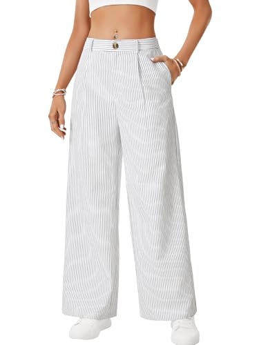 Vrtige Women's Striped Pants High Waisted Wide Leg Drawstring Casual Loose Trousers2