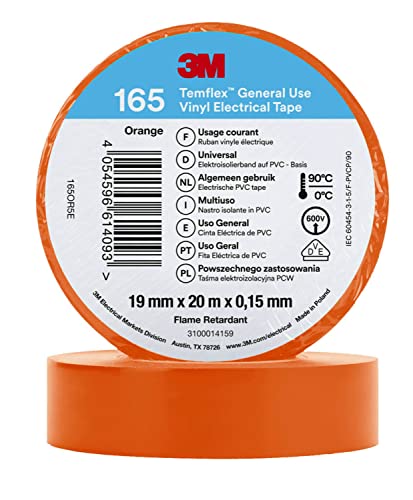 3M Temflex 165 - Cinta aislante (vinilo, 0,152 mm x 19 mm x 20 m), color naranja