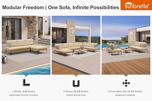 Image of PURPLE LEAF Patio Furniture Set Outdoor Sectional Sofa with Fade-Resistant Cushions Coffee Table Wicker L-Shaped 6 Pieces Aluminum Conversation Sets with Ottoman for Balcony Yard Poolside, Khaki