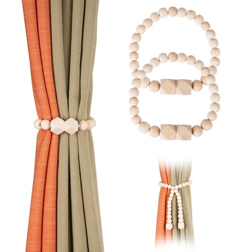 Wooden Magnetic Curtain Buckle,Octagonal Beads Chain Connection Cotton Rope, with 23 Small Round Beads, Bohemian Style, 2Pcs