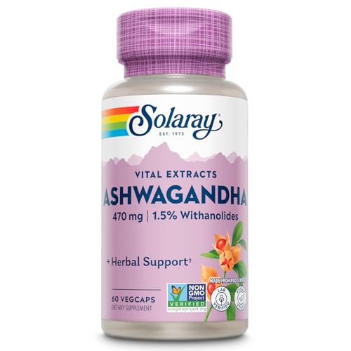 SOLARAY® Ashwagandha. 60 VegCaps en Cápsula blanda. Alivio de la ansiedad. Extracto estandarizado de raíz Ashwagandha. Hierba utilizada en la tradición Ayurveda. Sin gluten. Apto para veganos.