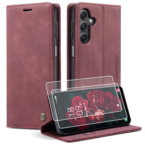 Yihaoyard Funda para Samsung Galaxy A25 5G Carcasa de Cuero Funda con Tapa Magnética Cartera Protector Flip Protección Case para Samsung Galaxy A25-2 Protector Pantalla (Vino Rosso)