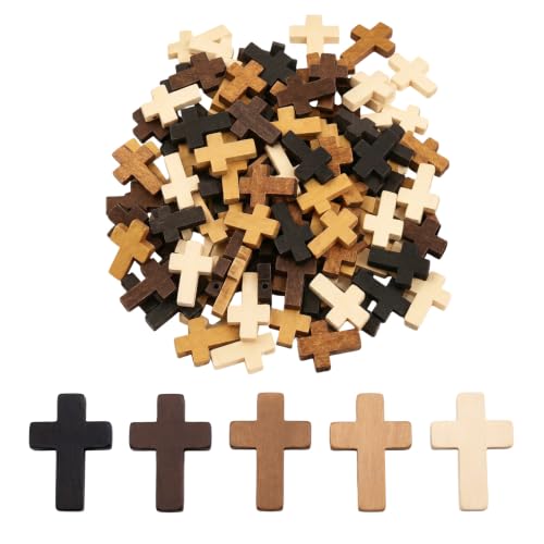 100 Pcs Mini Wooden Cross Charms 5 Colors Bulk Natural Wood Cross Beads for Jewelry Making Small Pocket Crosses for Christian Gifts Party Favors DIY Crafts Adults Party Favors